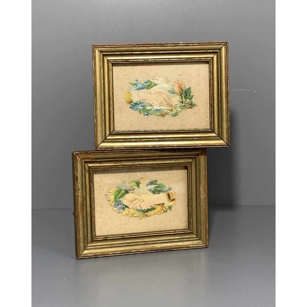 2 Framed Victorian Small Cut Out Seals Marriage Romance Courting Vintage